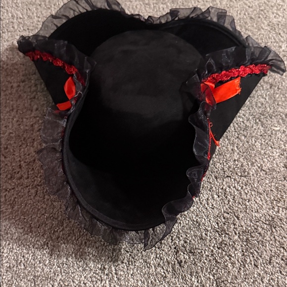 Accessories - Black Tricorn Hat with Red Ribbon Trim